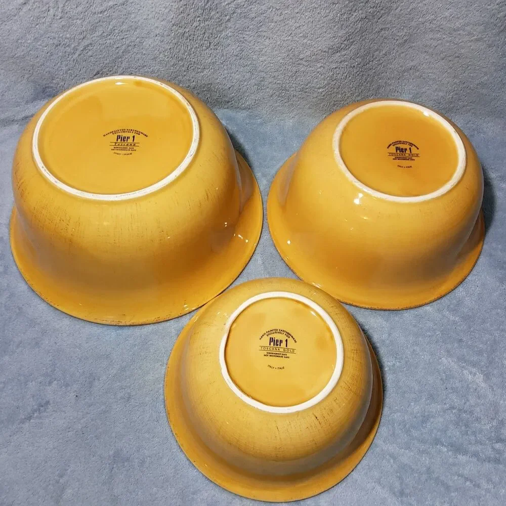 Pier 1 Toscana Gold Mixing Bowls Set 3 Nesting Earthenware Yellow Italy Handpain